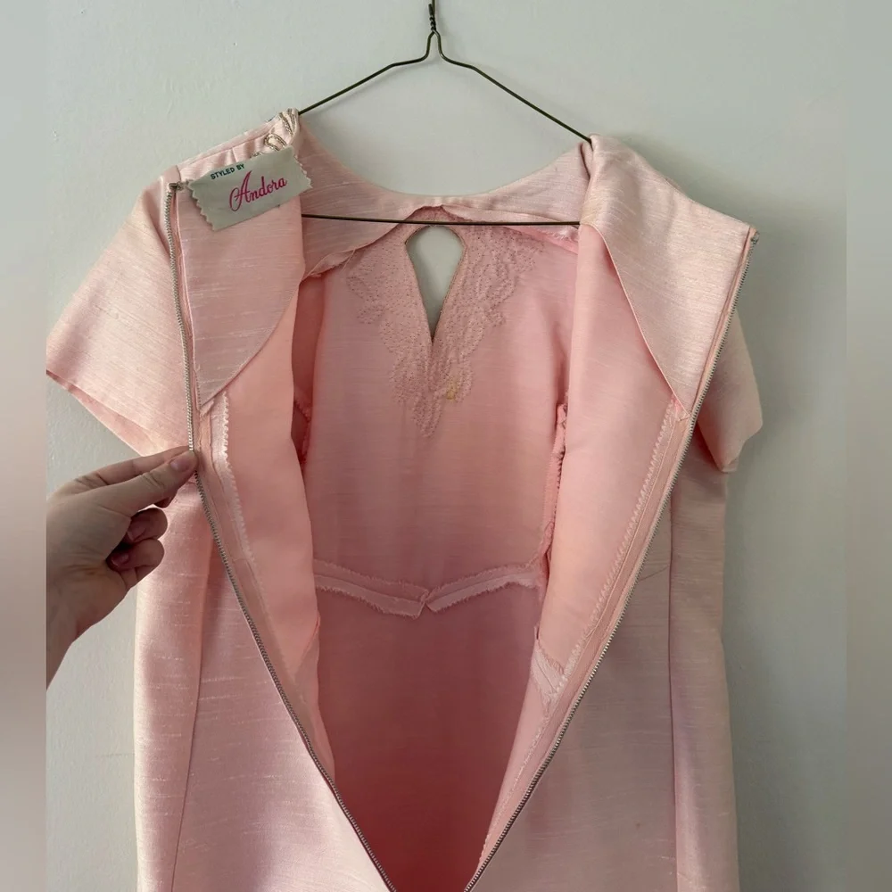 Vintage 1960s Plus Size Beaded Dress & Coat Set Raw Silk Pink Jackie O Size 16W - Picture 6 of 16